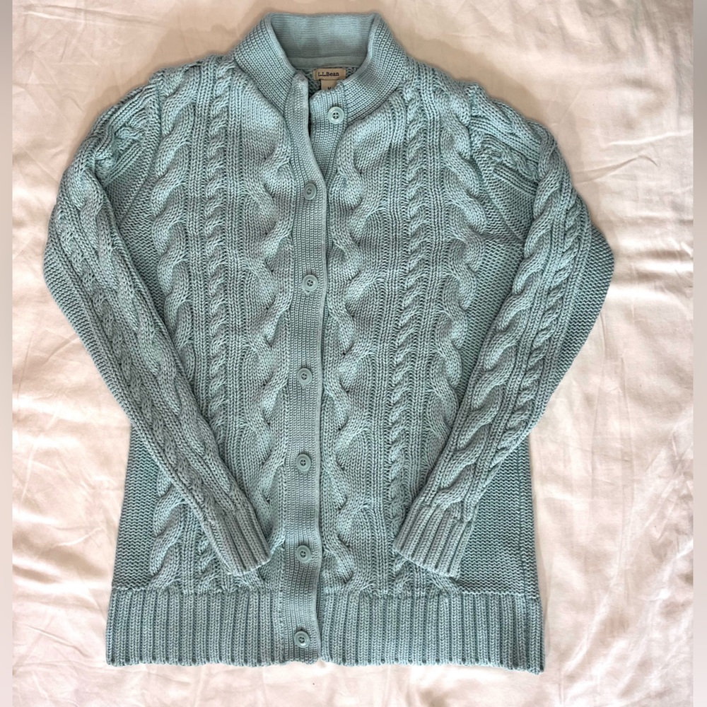 LL Bean Double L Mock Neck Cotton Cable Cardigan Light Turquoise Blue Women’s M